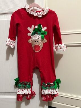 Infant Red Reindeer Holiday Ruffle Romper - 6/12M